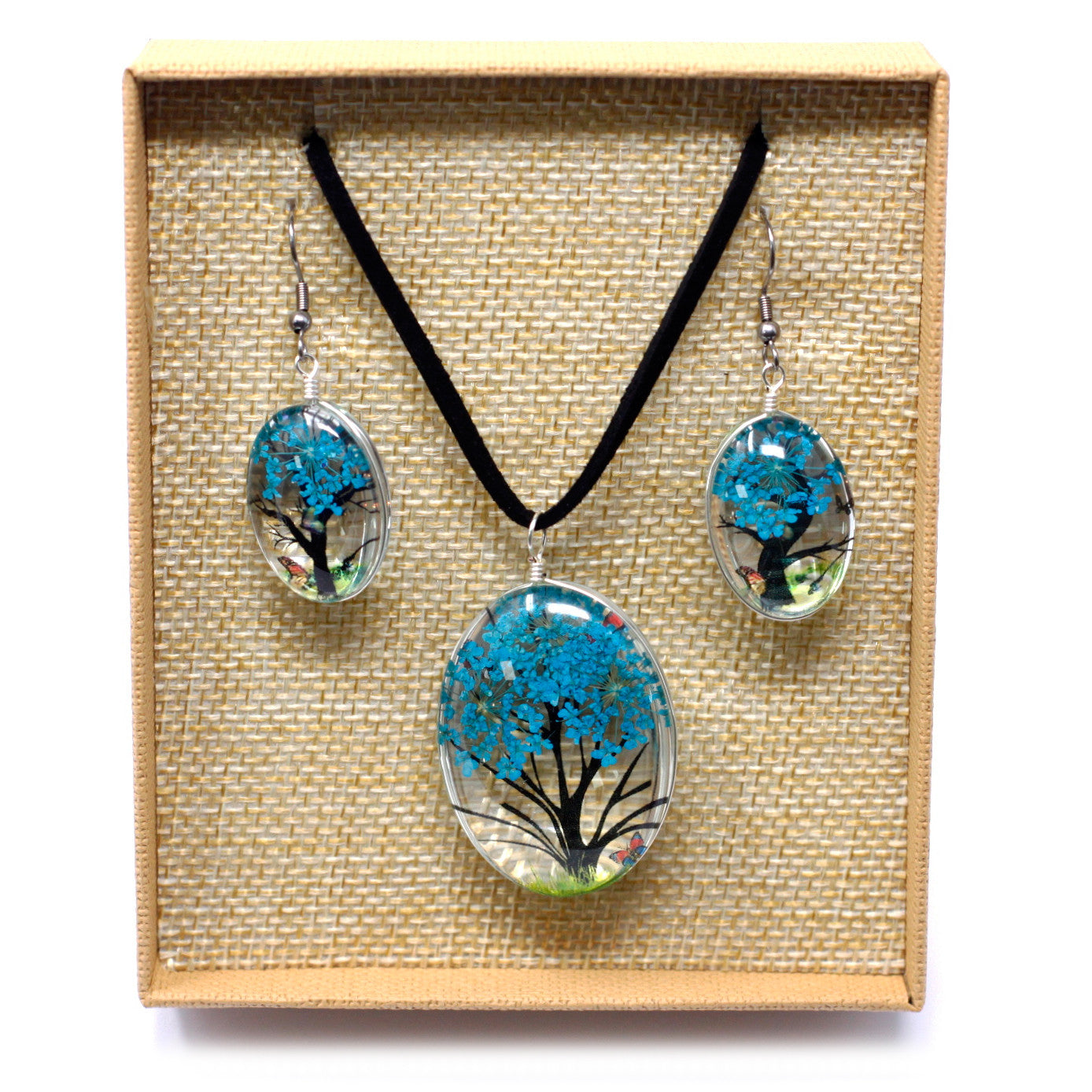 Pressed Flowers - Tree of Life jewellery set - Teal