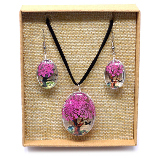 Pressed Flowers - Tree of Life Jewellery set - Bright Pink