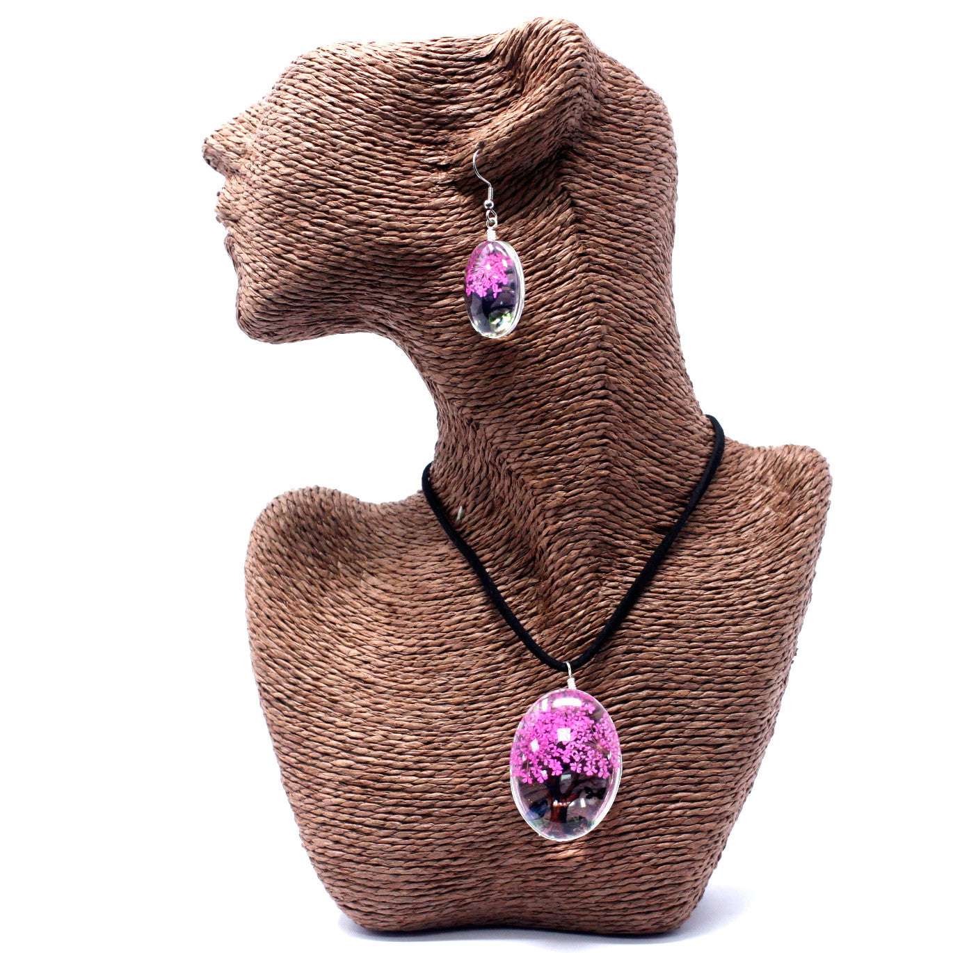 Pressed Flowers - Tree of Life Jewellery set - Bright Pink