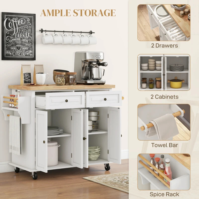 HOMCOM Rolling Kitchen Island Storage Trolley - Cream