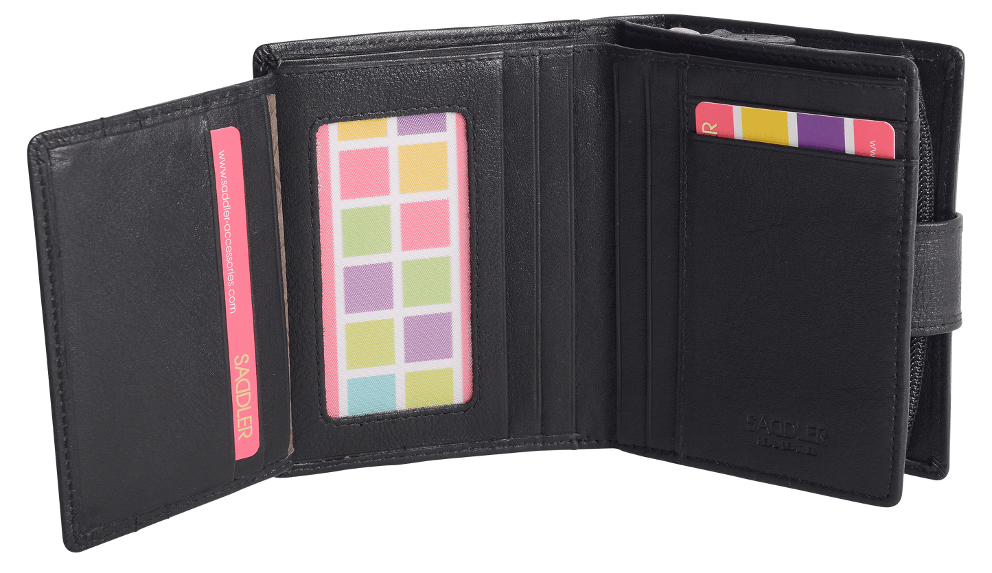 SADDLER EMILY Handmade Leather Mid-Size Wallet – RFID Protected | 10 Card Slots, Secure Tab Closure & Zipped Coin Pocket | Gift Boxed