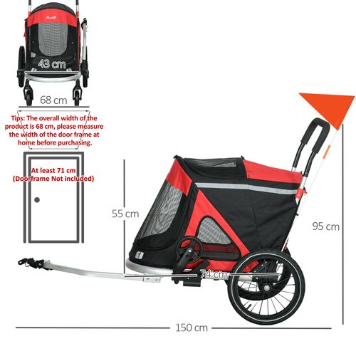 PawHut 2 in 1 Dog Bike Trailer, Foldable Dog Stroller for Medium Dogs - Red