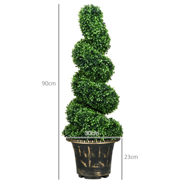 HOMCOM Set of 2 Artificial Topiary Spiral Boxwood Trees with Pots